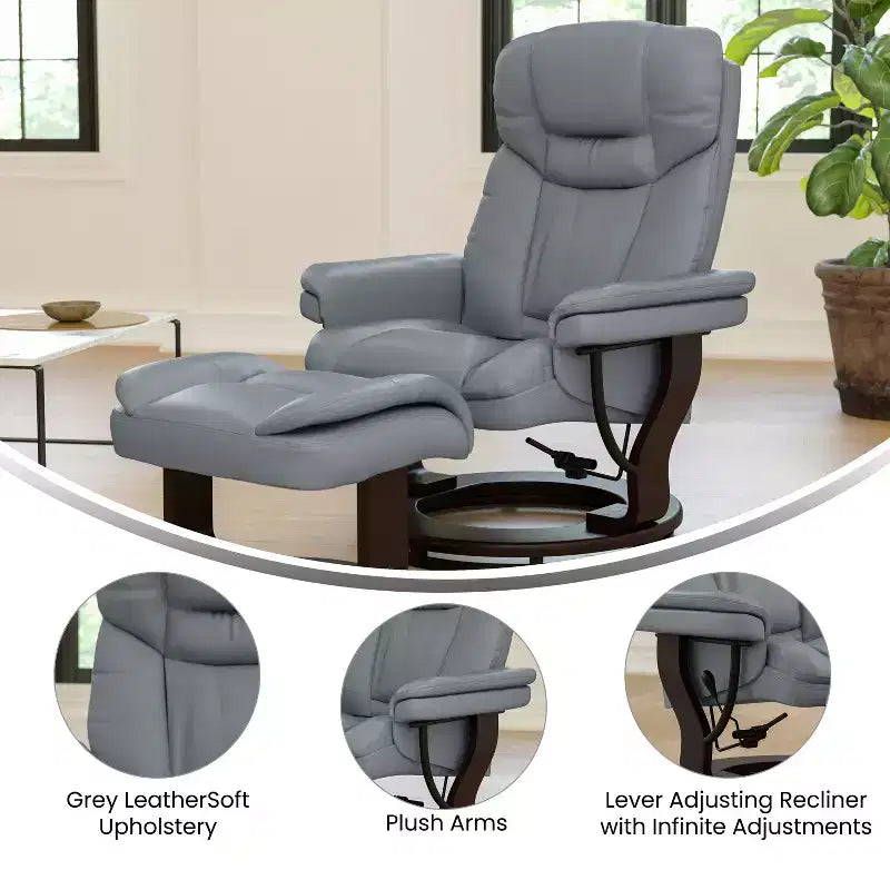 Flash Furniture Fauteuil inclinable contemporain multipositions et ottoman incurvé avec base pivotante en bois d'acajou