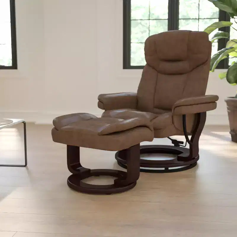 Flash Furniture Fauteuil inclinable contemporain multipositions et ottoman incurvé avec base pivotante en bois d'acajou