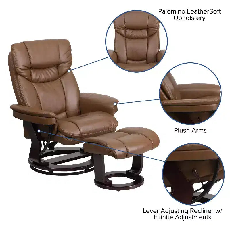 Flash Furniture Fauteuil inclinable contemporain multipositions et ottoman incurvé avec base pivotante en bois d'acajou