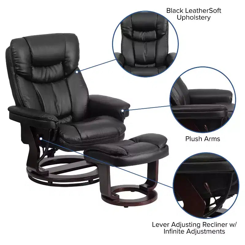 Flash Furniture Fauteuil inclinable contemporain multipositions et ottoman incurvé avec base pivotante en bois d'acajou