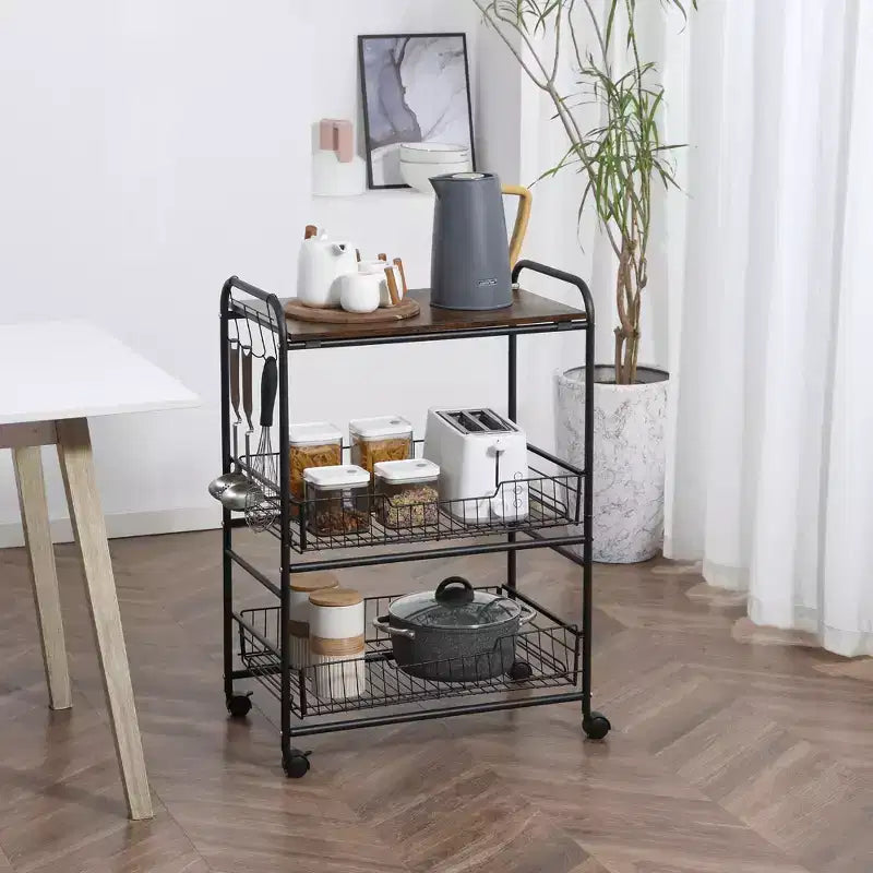 HOMCOM Desserte de cuisine roulante à 3 niveaux 24 po, Chariot de rangement utilitaire avec 2 tiroirs-paniers, Crochets latéraux pour salle à manger, Brun