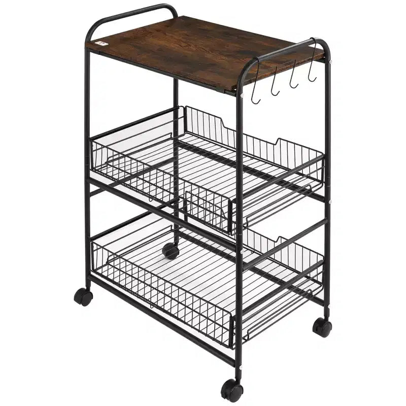 HOMCOM Desserte de cuisine roulante à 3 niveaux 24 po, Chariot de rangement utilitaire avec 2 tiroirs-paniers, Crochets latéraux pour salle à manger, Brun