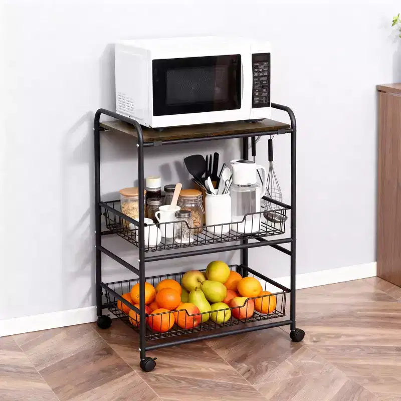 HOMCOM Desserte de cuisine roulante à 3 niveaux 24 po, Chariot de rangement utilitaire avec 2 tiroirs-paniers, Crochets latéraux pour salle à manger, Brun