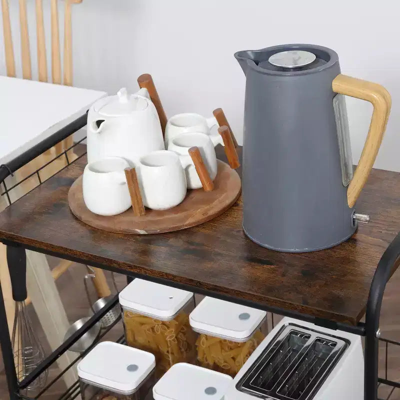 HOMCOM Desserte de cuisine roulante à 3 niveaux 24 po, Chariot de rangement utilitaire avec 2 tiroirs-paniers, Crochets latéraux pour salle à manger, Brun