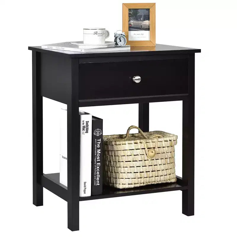 Costway Nightstand with Drawer Storage Shelf Wooden Bedside Sofa Side Table White\Brown