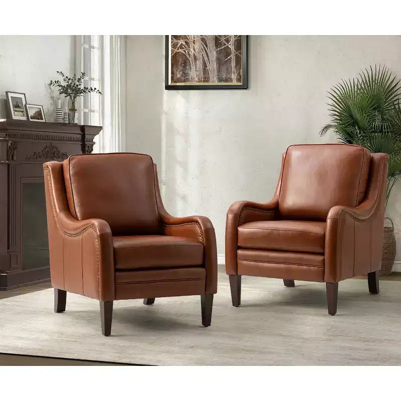 Lot de 2 fauteuils en cuir véritable Regina de 70 cm de large avec coussins amovibles et accoudoirs anglais | ART OF LIVING DESIGNS