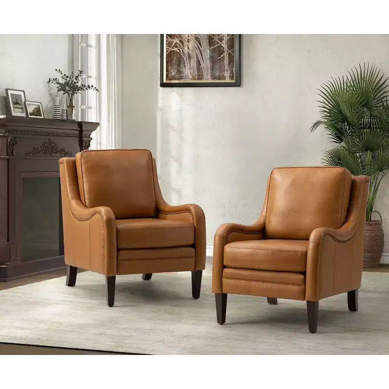 Lot de 2 fauteuils en cuir véritable Regina de 70 cm de large avec coussins amovibles et accoudoirs anglais | ART OF LIVING DESIGNS
