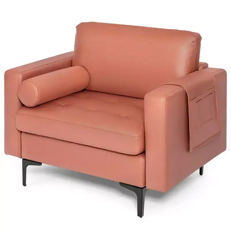 Costway Fauteuil moderne avec traversin et poche de rangement latérale, canapé simple, rose corail/gris