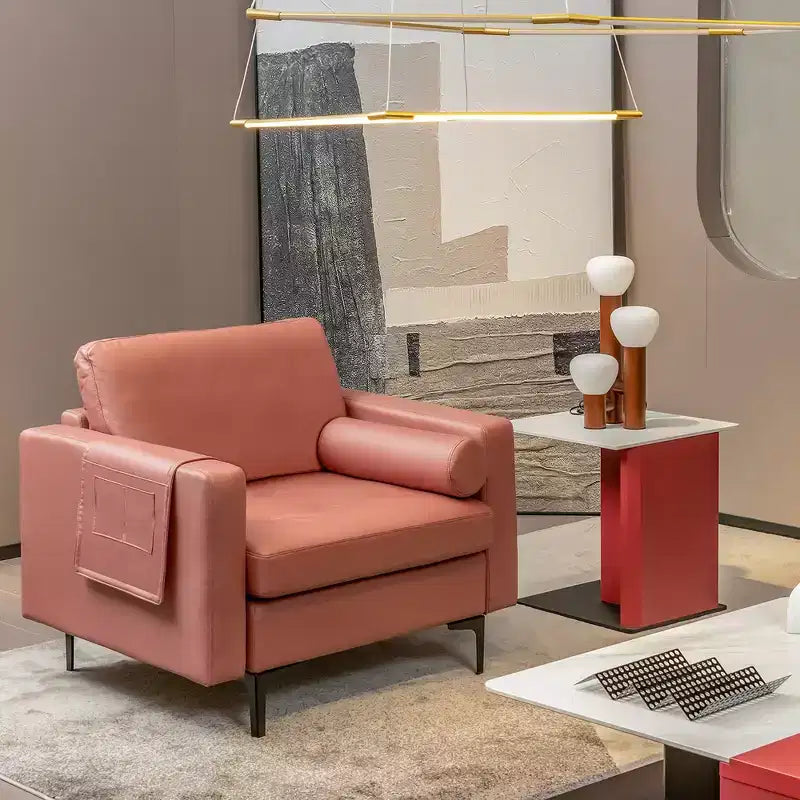 Costway Fauteuil moderne avec traversin et poche de rangement latérale, canapé simple, rose corail/gris