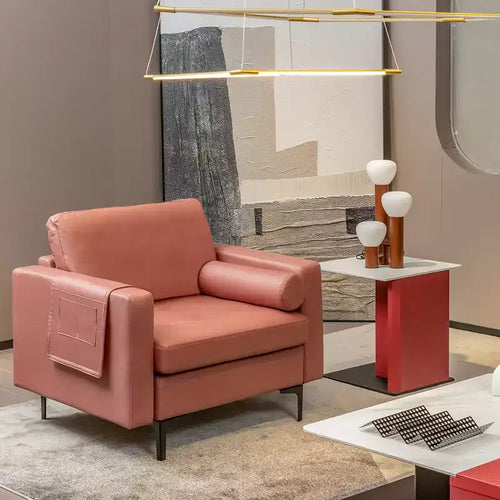 Costway Fauteuil moderne avec traversin et poche de rangement latérale, canapé simple, rose corail/gris