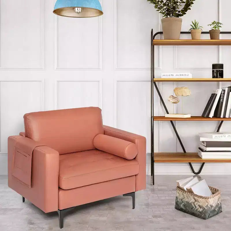 Costway Fauteuil moderne avec traversin et poche de rangement latérale, canapé simple, rose corail/gris