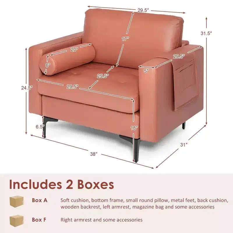 Costway Fauteuil moderne avec traversin et poche de rangement latérale, canapé simple, rose corail/gris