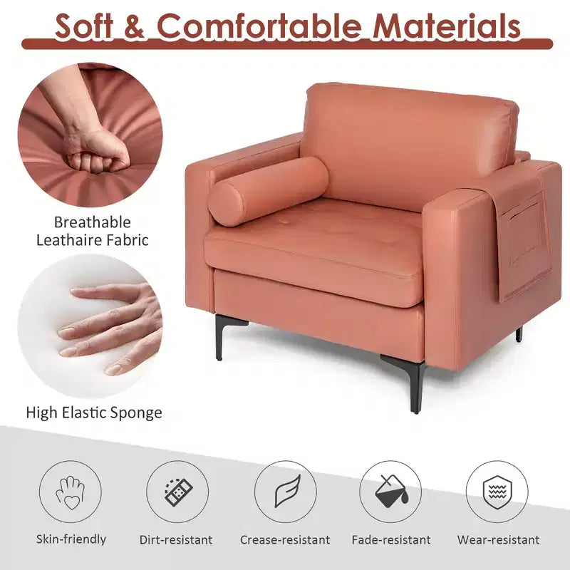 Costway Fauteuil moderne avec traversin et poche de rangement latérale, canapé simple, rose corail/gris