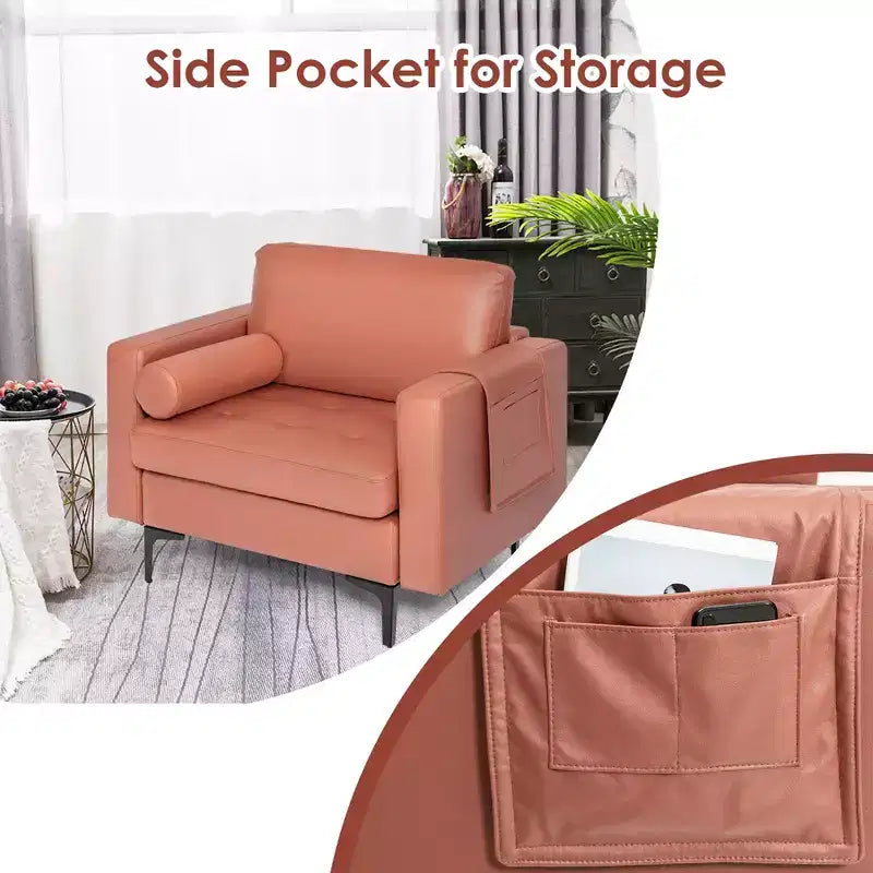 Costway Fauteuil moderne avec traversin et poche de rangement latérale, canapé simple, rose corail/gris