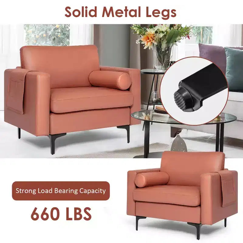 Costway Fauteuil moderne avec traversin et poche de rangement latérale, canapé simple, rose corail/gris