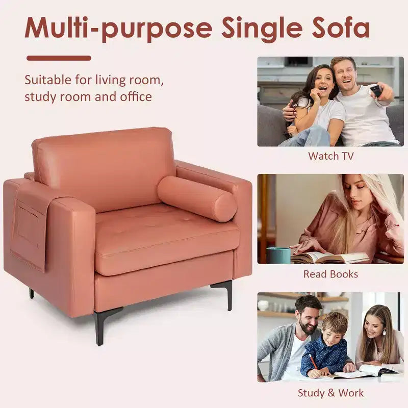 Costway Fauteuil moderne avec traversin et poche de rangement latérale, canapé simple, rose corail/gris