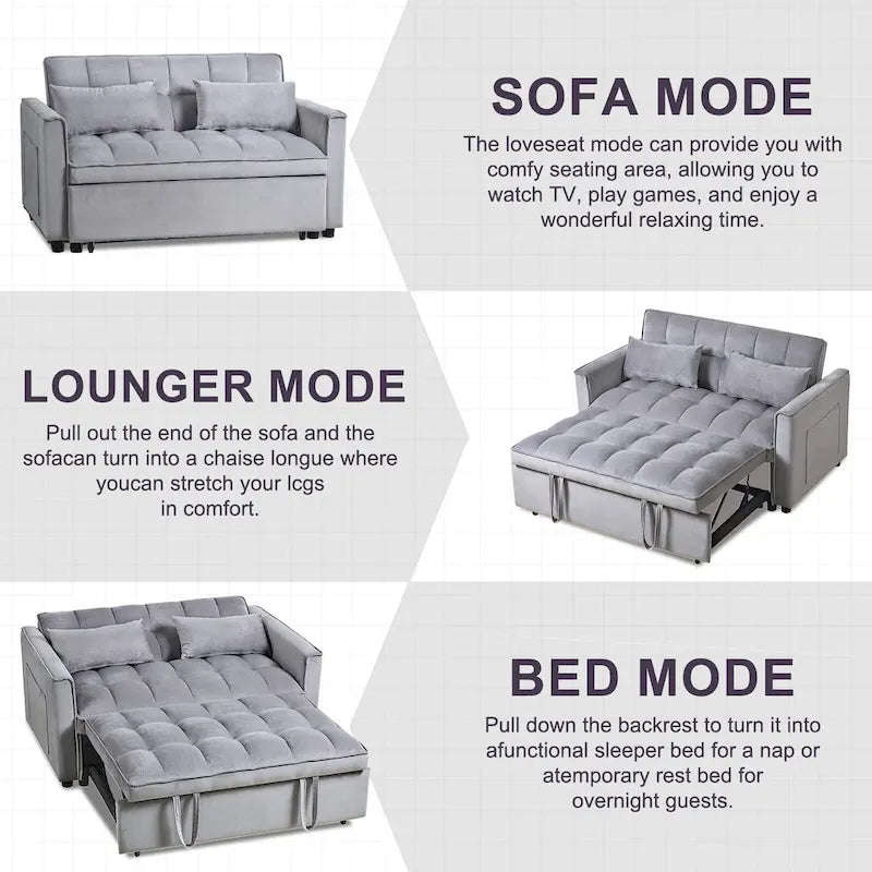 Canapé Futon Moderne en Velours avec Dossier Inclinable et Poches, 2 Places – Gris Foncé / Gris Clair / Bleu / Noir