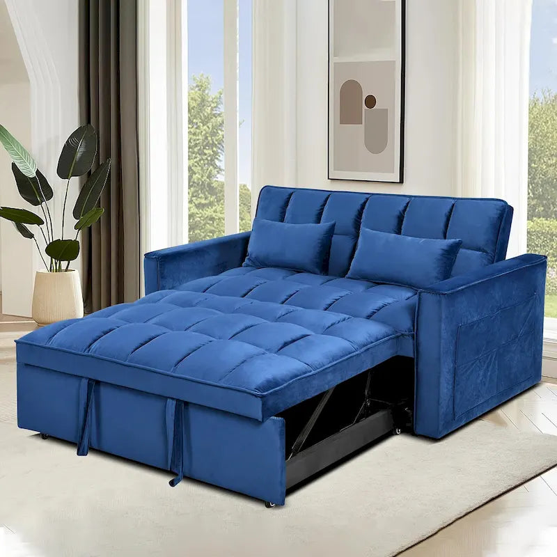 Canapé Futon Moderne en Velours avec Dossier Inclinable et Poches, 2 Places – Gris Foncé / Gris Clair / Bleu / Noir