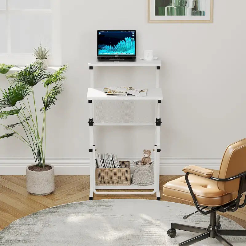 Black / White Adjustable Height Standing Desk with Shelf, 1 Person