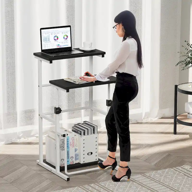 Black / White Adjustable Height Standing Desk with Shelf, 1 Person