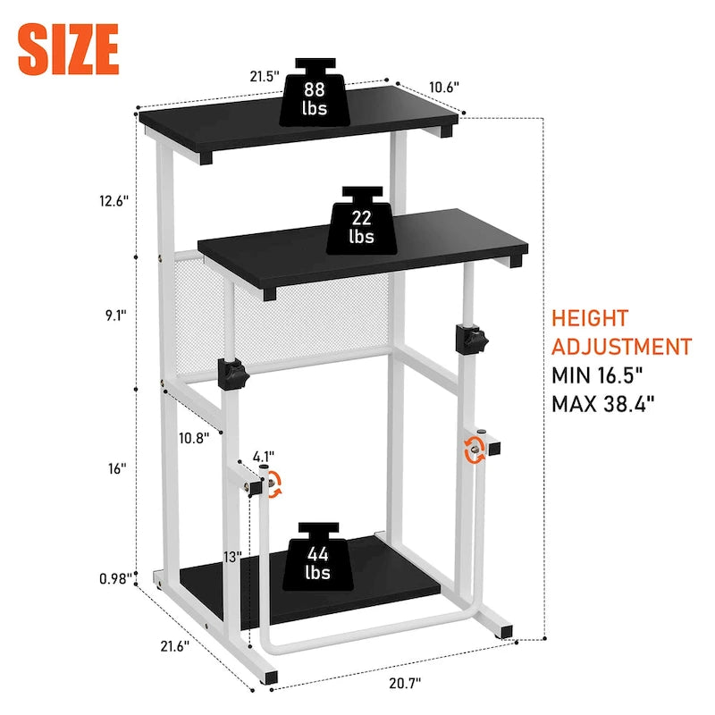 Black / White Adjustable Height Standing Desk with Shelf, 1 Person