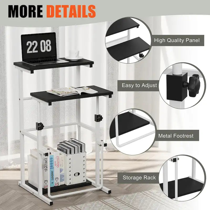 Black / White Adjustable Height Standing Desk with Shelf, 1 Person
