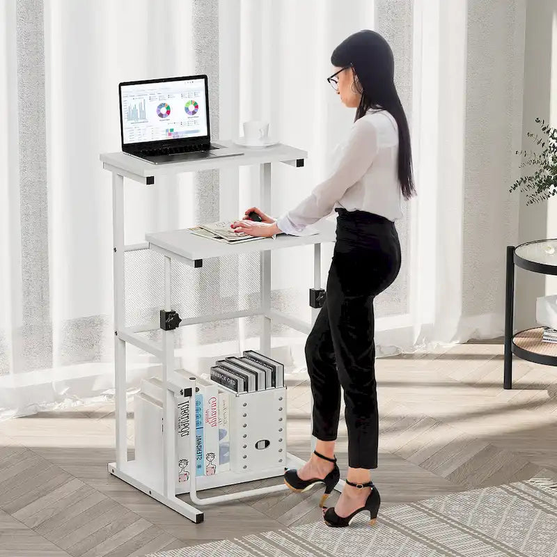 Black / White Adjustable Height Standing Desk with Shelf, 1 Person