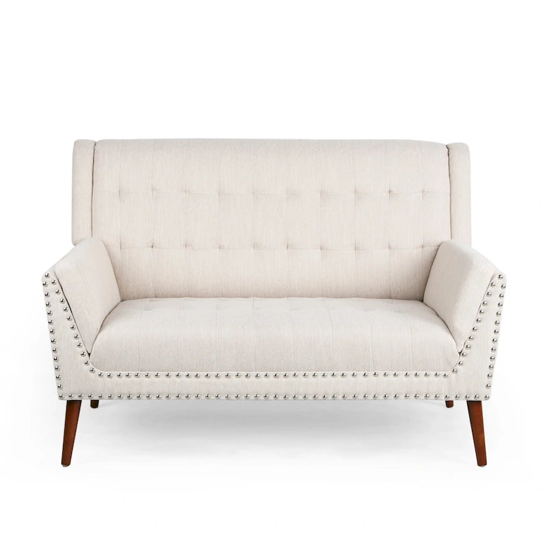 Charcoal / Beige + Walnut Mid-Century Settee, 2-Seat