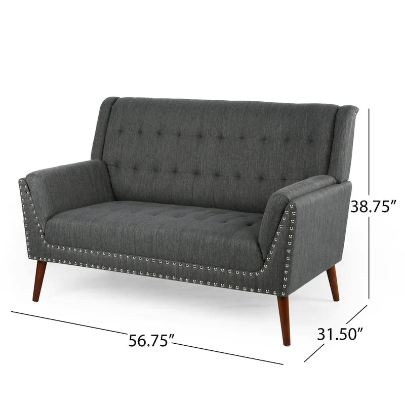 Charcoal / Beige + Walnut Mid-Century Settee, 2-Seat