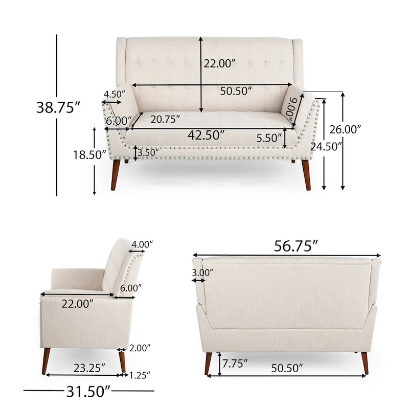 Charcoal / Beige + Walnut Mid-Century Settee, 2-Seat