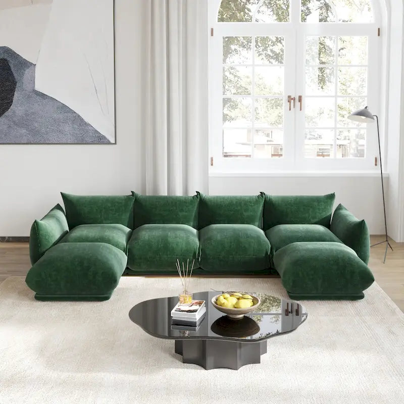Chenille U-Shape Sectional Sofa – Green / Orange / Beige / Black, Modular 4-Seat