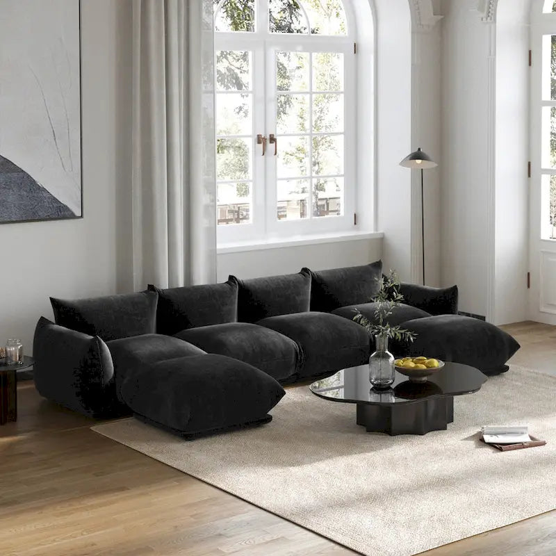 Chenille U-Shape Sectional Sofa – Green / Orange / Beige / Black, Modular 4-Seat