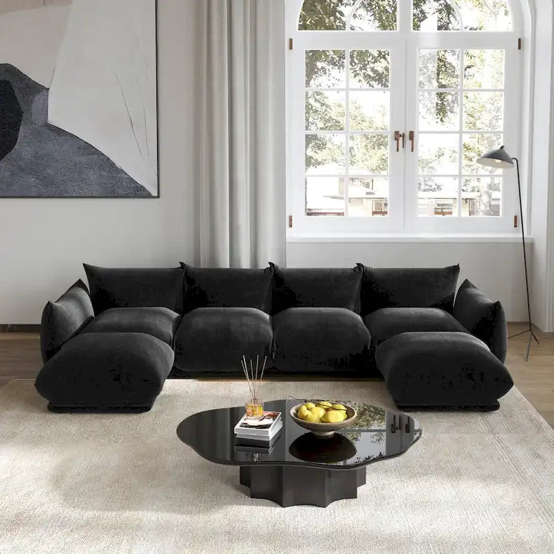 Chenille U-Shape Sectional Sofa – Green / Orange / Beige / Black, Modular 4-Seat