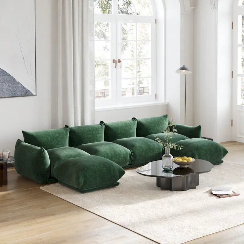 Chenille U-Shape Sectional Sofa – Green / Orange / Beige / Black, Modular 4-Seat
