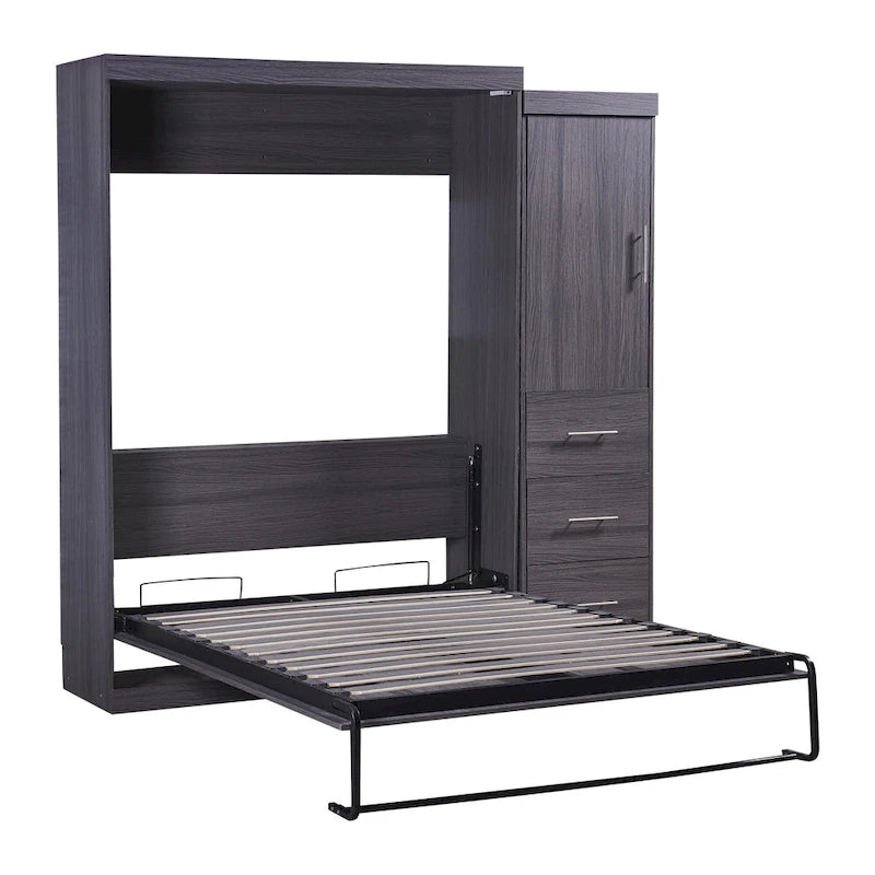Gray Foldable Murphy Bed with Wardrobe & 3 Drawers, Full/Twin, 1-Person