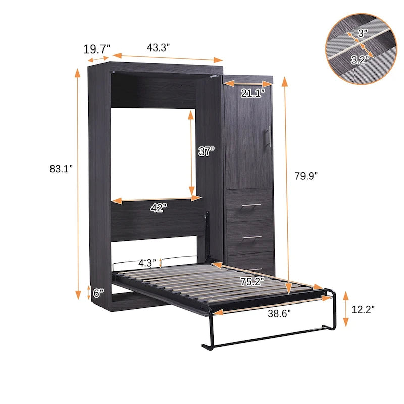 Gray Foldable Murphy Bed with Wardrobe & 3 Drawers, Full/Twin, 1-Person