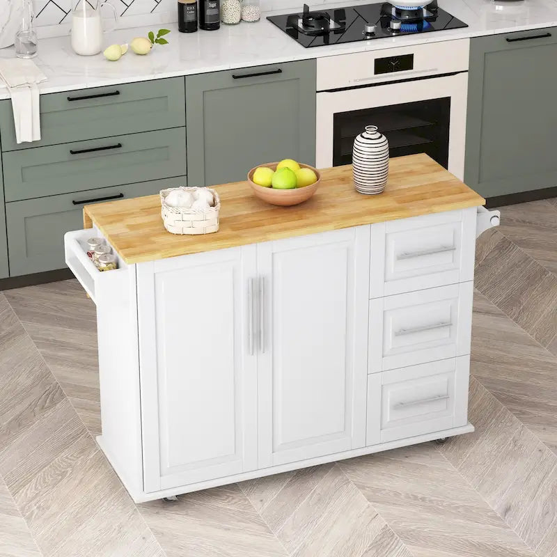 Black / White Rolling Kitchen Island Cart with Drawers & Cabinet – Seats 1