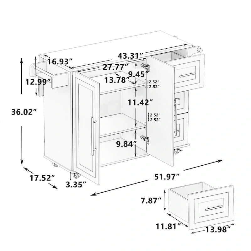 Black / White Rolling Kitchen Island Cart with Drawers & Cabinet – Seats 1