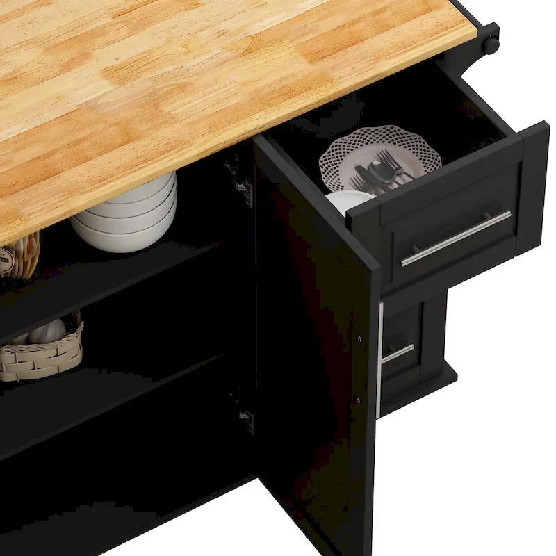 Black / White Rolling Kitchen Island Cart with Drawers & Cabinet – Seats 1