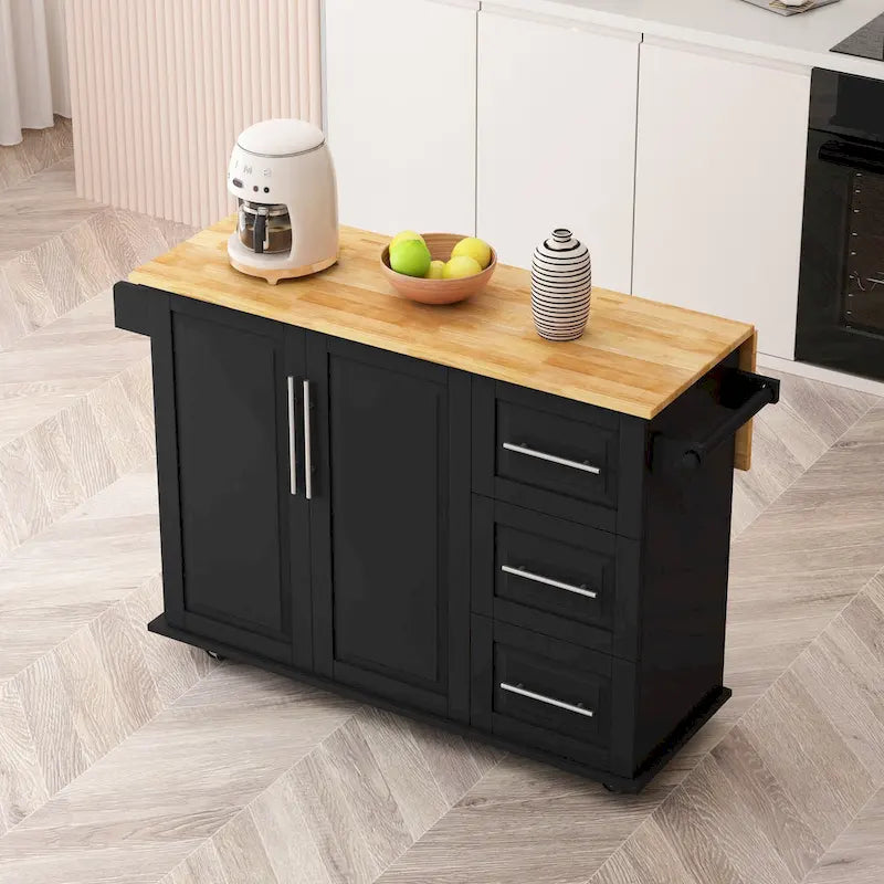Black / White Rolling Kitchen Island Cart with Drawers & Cabinet – Seats 1