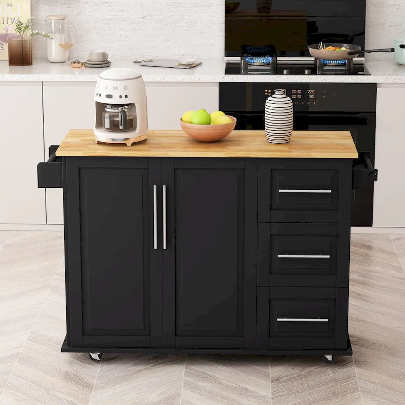 Black / White Rolling Kitchen Island Cart with Drawers & Cabinet – Seats 1