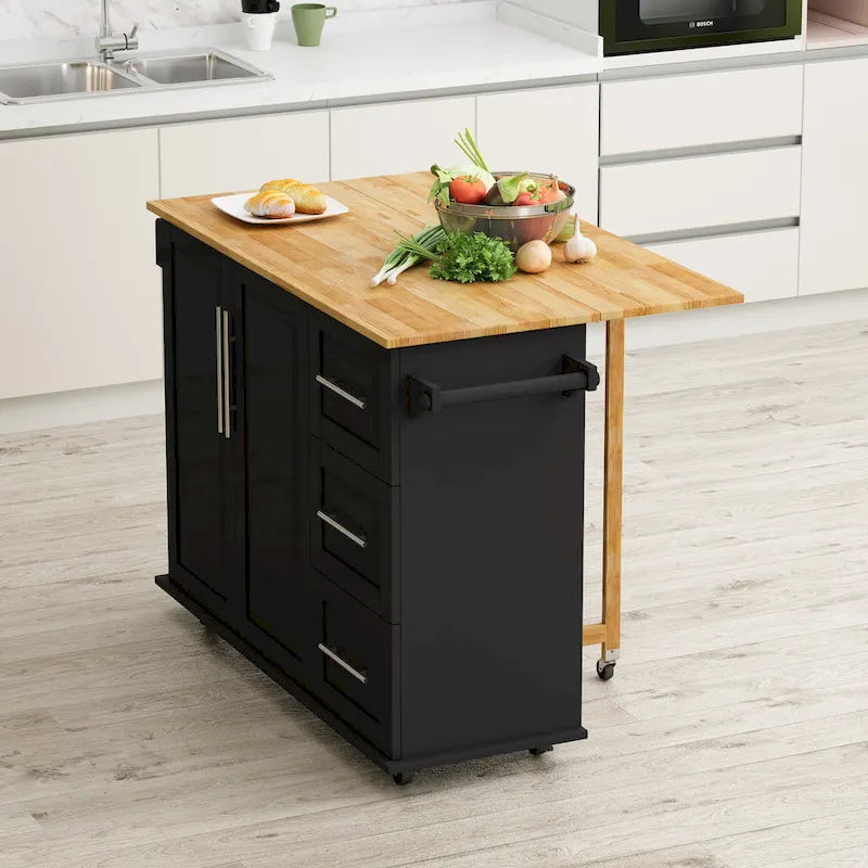 Black / White Rolling Kitchen Island Cart with Drawers & Cabinet – Seats 1