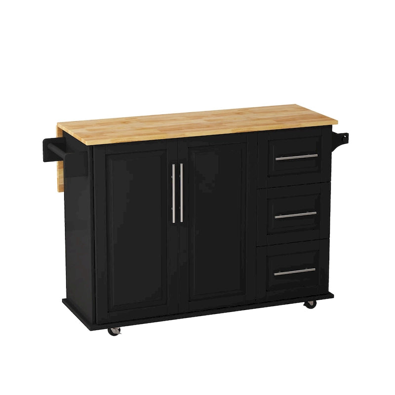 Black / White Rolling Kitchen Island Cart with Drawers & Cabinet – Seats 1