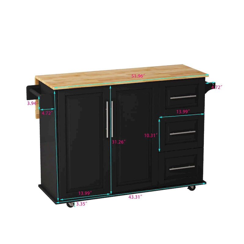Black / White Rolling Kitchen Island Cart with Drawers & Cabinet – Seats 1