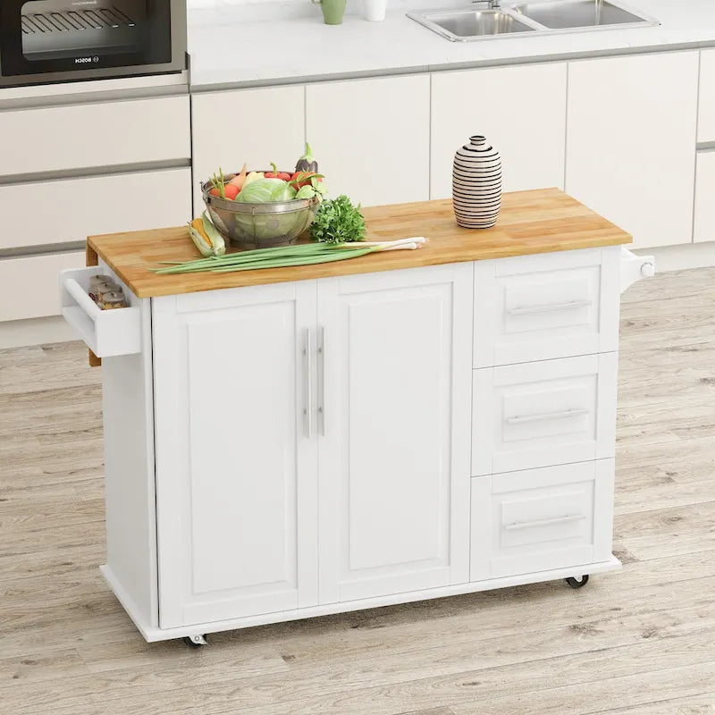 Black / White Rolling Kitchen Island Cart with Drawers & Cabinet – Seats 1