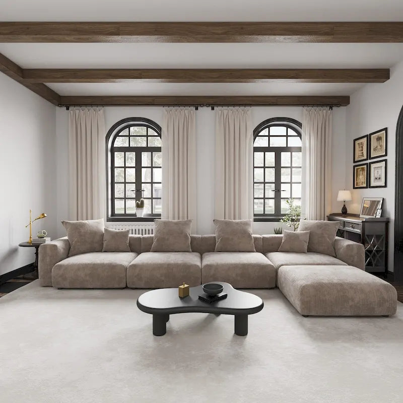 Black / Beige / Light Brown L-Shape Corduroy Sectional Sofa with Ottoman, 5-Seat, With Arms or Armless