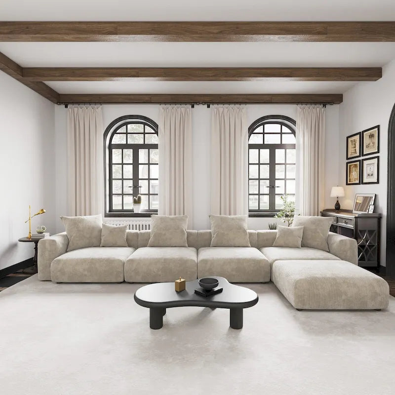 Black / Beige / Light Brown L-Shape Corduroy Sectional Sofa with Ottoman, 5-Seat, With Arms or Armless