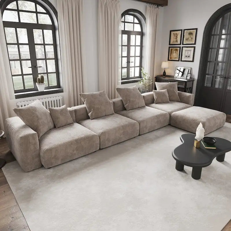 Black / Beige / Light Brown L-Shape Corduroy Sectional Sofa with Ottoman, 5-Seat, With Arms or Armless