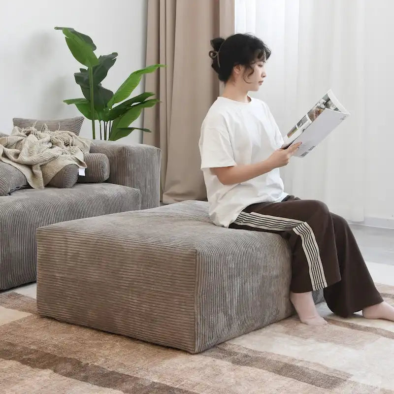 Black / Beige / Light Brown L-Shape Corduroy Sectional Sofa with Ottoman, 5-Seat, With Arms or Armless
