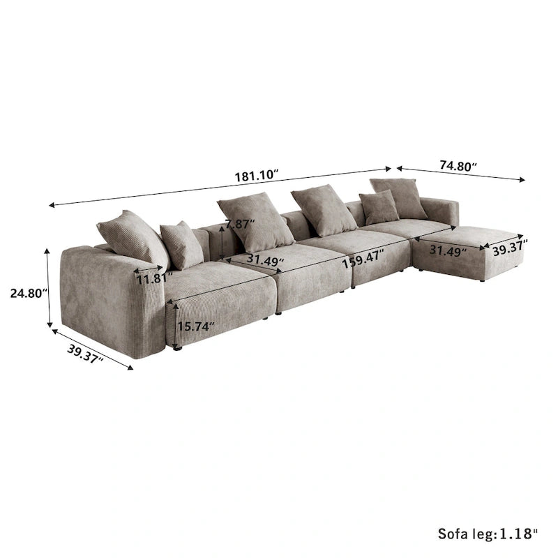 Black / Beige / Light Brown L-Shape Corduroy Sectional Sofa with Ottoman, 5-Seat, With Arms or Armless